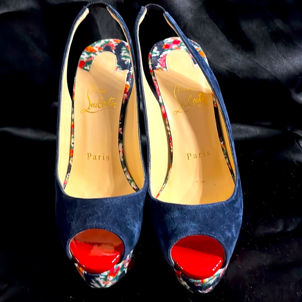 Authentic Christian Louboutin Lady Peep Sling 150 Veau Velour Navy/Multi Floral